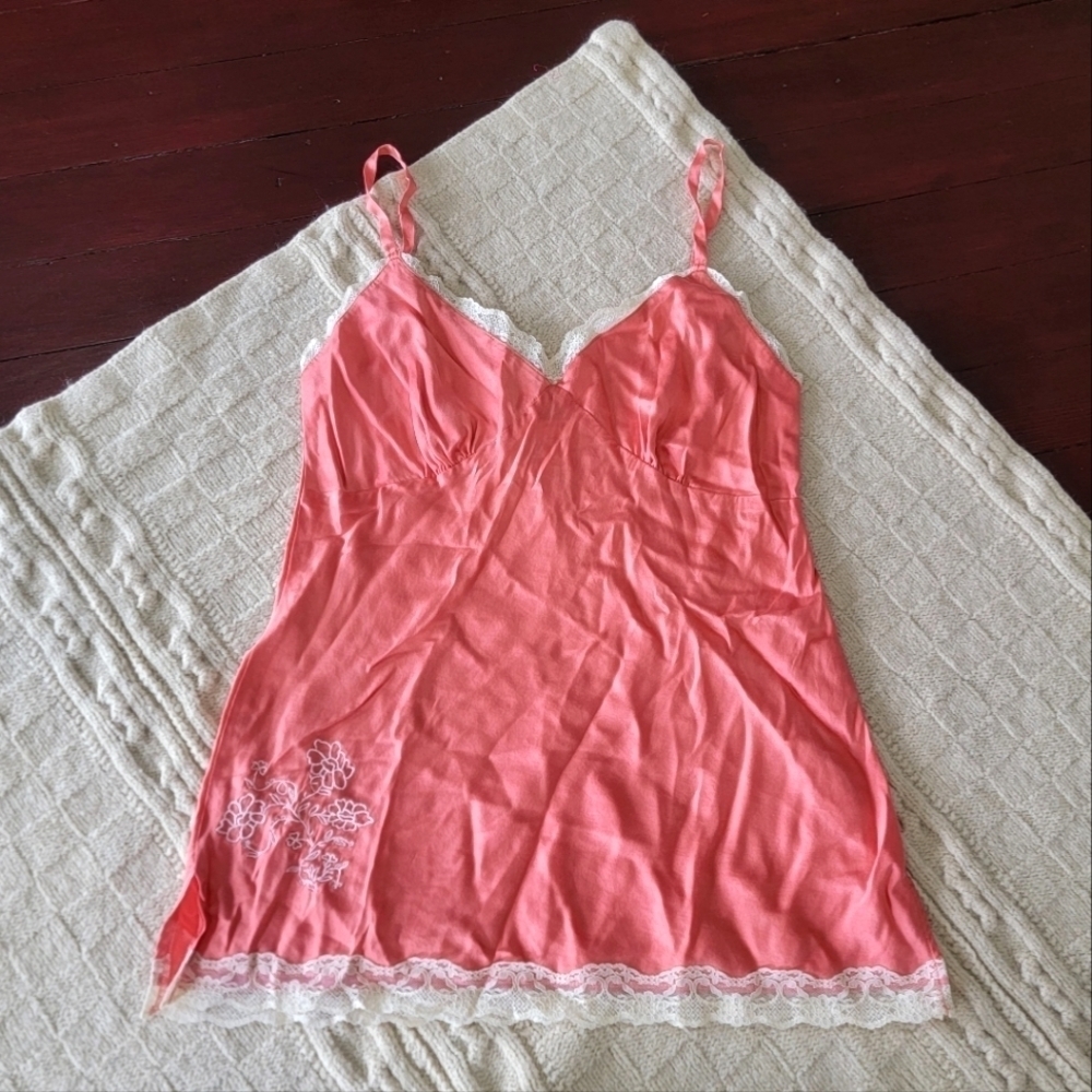 Old Navy Genuine Silk Lace Cami Chemise Coral Pink Cream size M